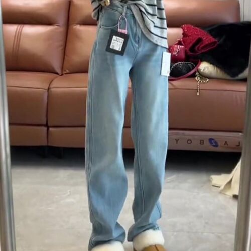 加绒加厚浅蓝覆古窄版阔腿牛仔裤女冬季高腰显瘦宽松拖地直筒长裤