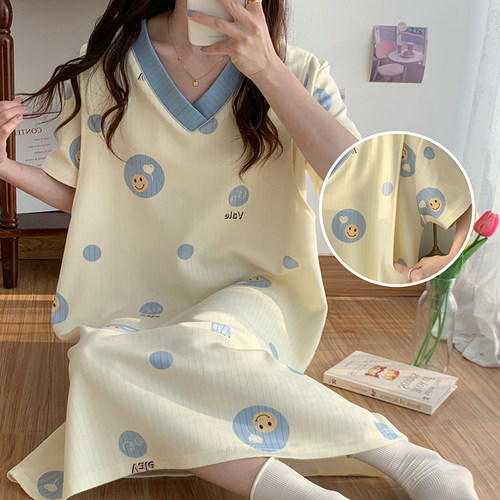 新款大码短袖孕妇哺乳睡裙大码宽松产妇月子服夏天产后喂奶连衣裙