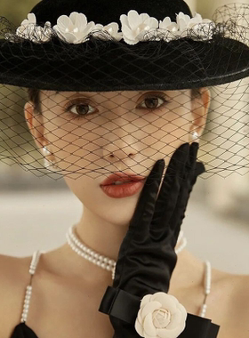 M005法式赫本黑色礼帽百搭优雅网纱遮面婚礼拍照时尚英伦洋气帽子