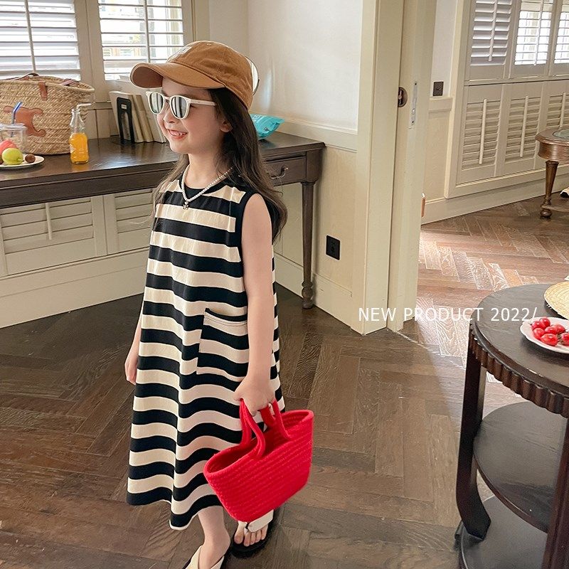 夏款童装儿童时髦中长款裙T夏季新款女童宝宝韩S版条纹背心连衣裙