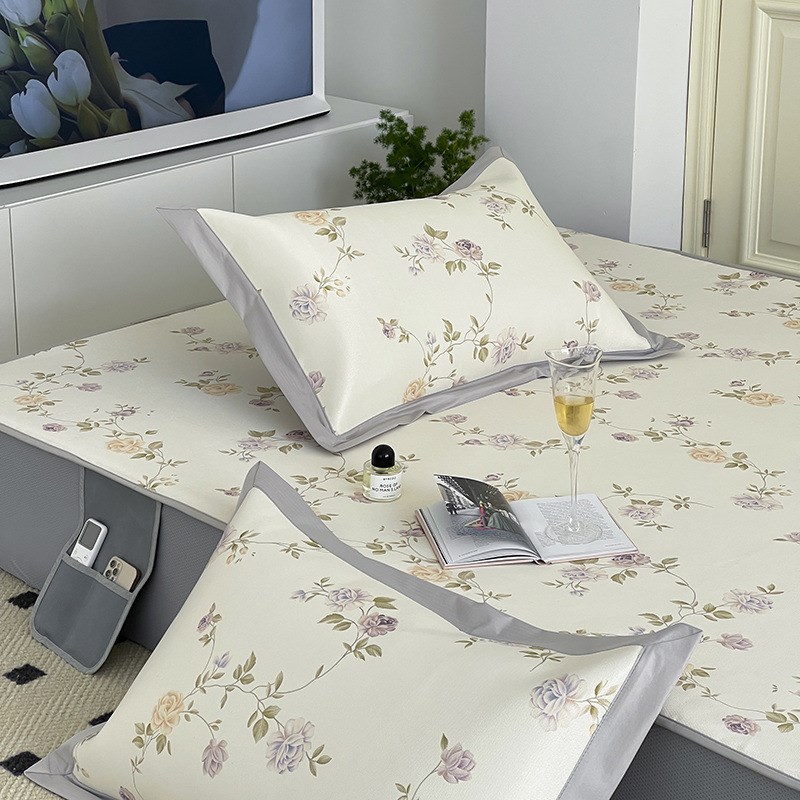 北欧田园风冰丝印花凉席三件套夏季空调软席透Q气席子套件a类母婴