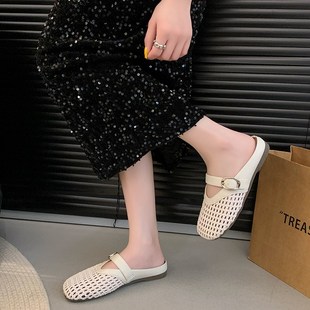 休闲软底百搭一脚蹬包头半托鞋 新款 2025夏季 平底镂空编织网面拖鞋
