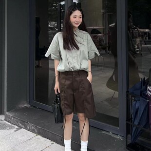 ENTWO 松石绿配色 砂洗棉拼接门襟设计 小众复古短袖衬衫