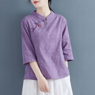 中国风禅意茶服 女装 民国风盘扣上衣中袖 棉麻改良旗袍斜襟复古中式