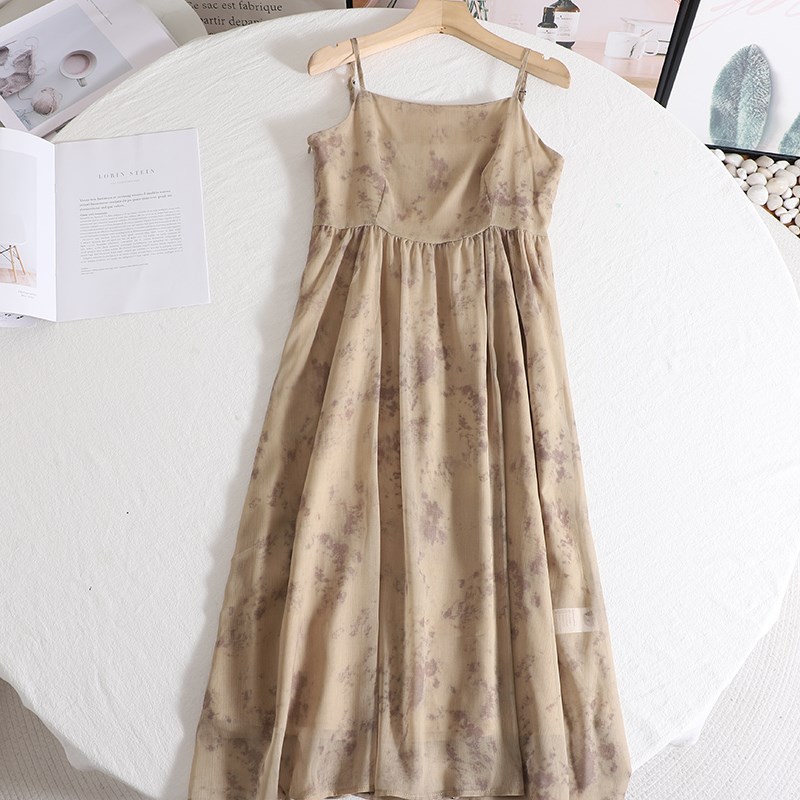 影系!新中式国h风吊带连衣裙女2024春夏新款雪纺水墨印花无袖裙子