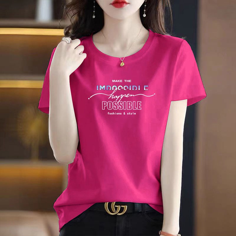 纯棉短袖t恤女士新款夏季正肩玫红色衣服体恤宽松显白半袖上衣潮