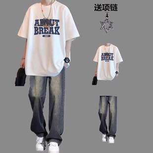 夏季短袖T恤男生酷帅穿搭上衣休闲青少年潮男装帅气学生潮流套装