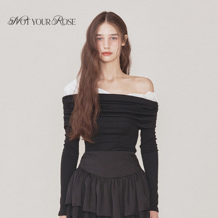 允仔张元英同款Notyourrose韩系法式衬衫拼接一字露肩上衣