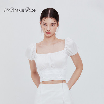 韩素希郑雅娴同款Notyourrose泡泡袖绑带收腰方领短袖雪纺衫女夏