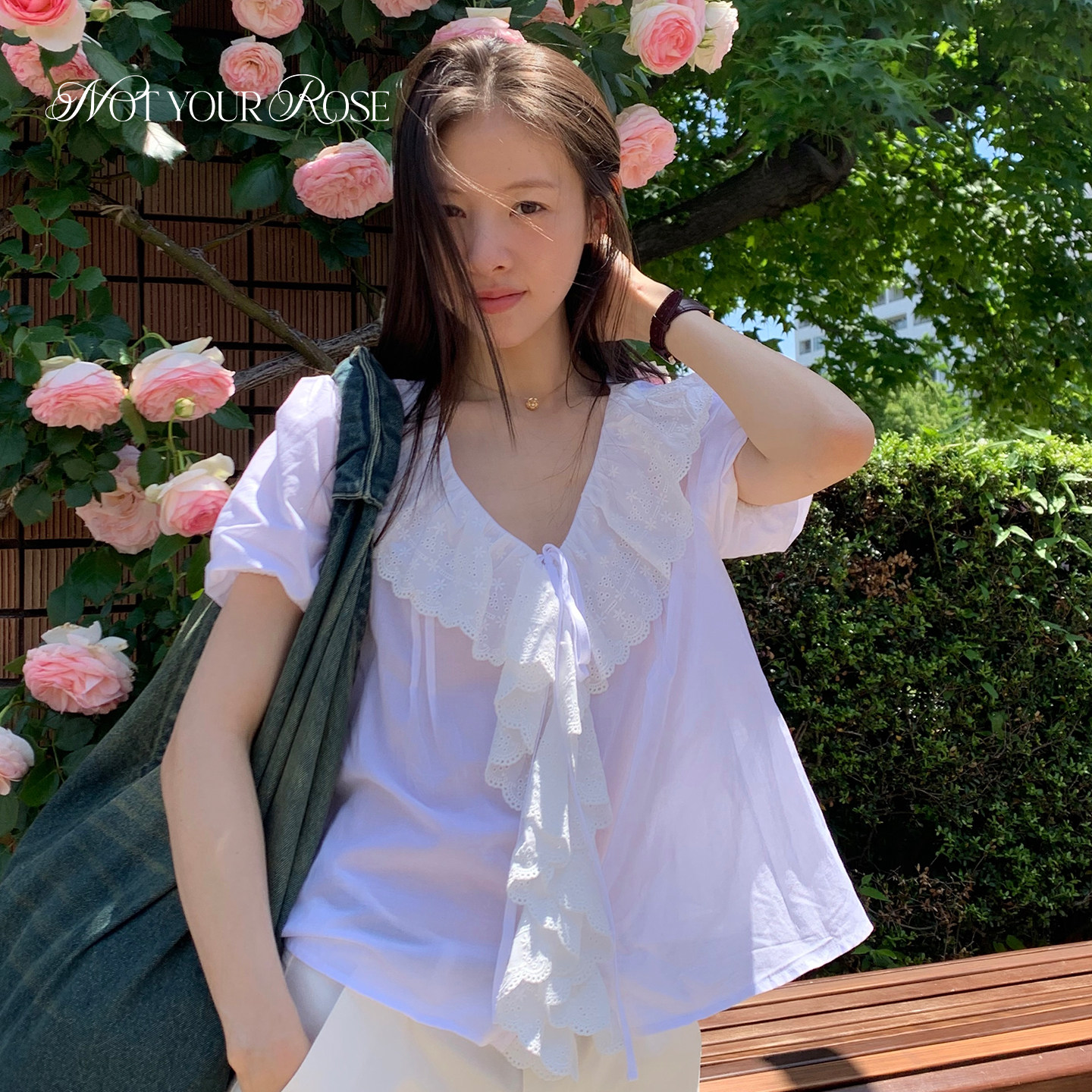 sumoio同款丨Notyourrose木耳边廓形娃娃衫26夏温柔感V领系带短袖