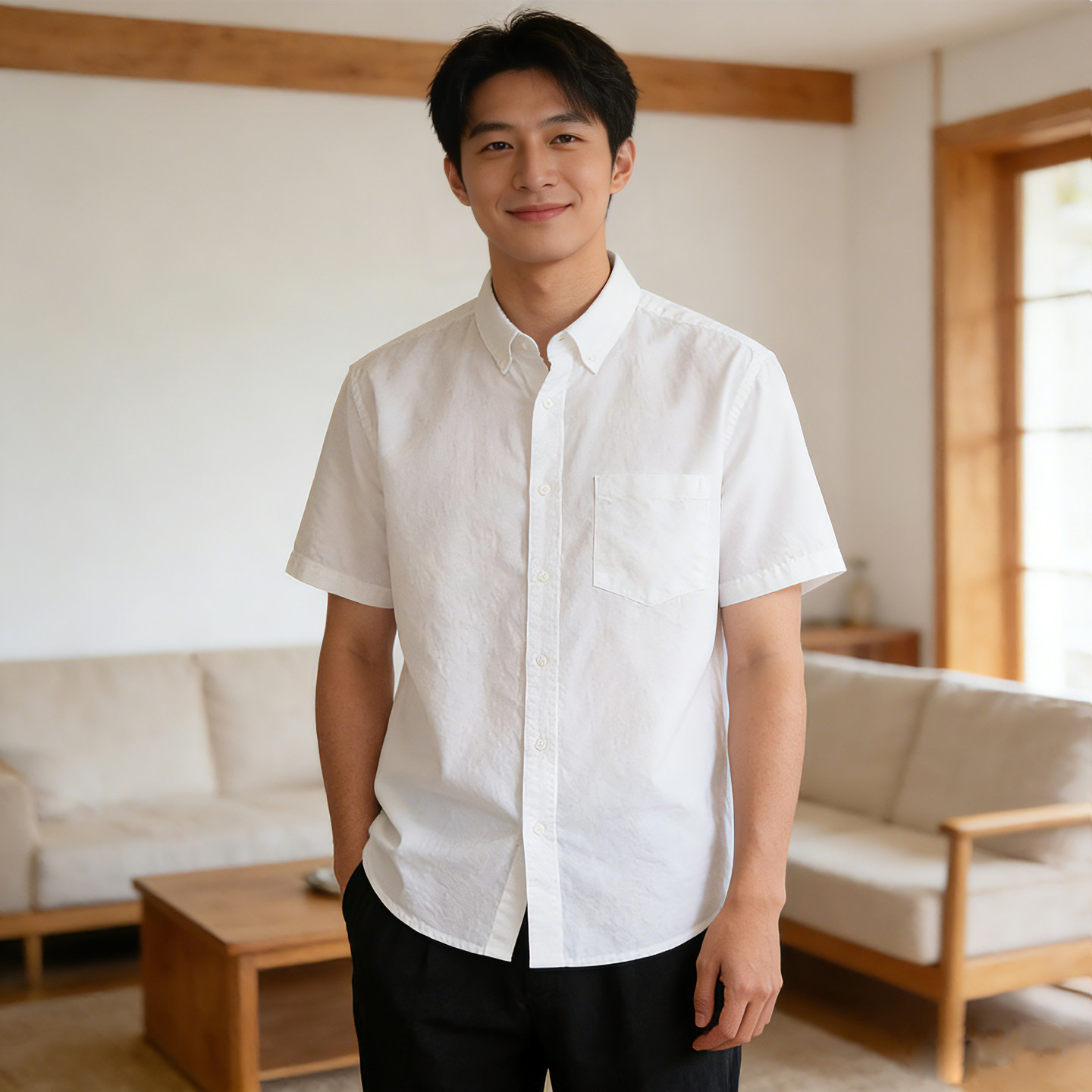 春夏纯棉牛津纺男士短袖衬衫中青年休闲全棉外套条纹蓝白衬衣上衣