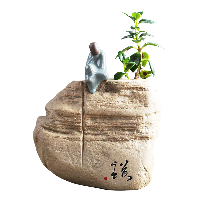 现货速发粗陶花瓶 仿石头造型陶瓷禅意茶几摆件小装饰品水培绿萝