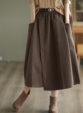 速发黑色不伞则a字半身裙中长款秋冬新款小个子松古腰规裙复紧半