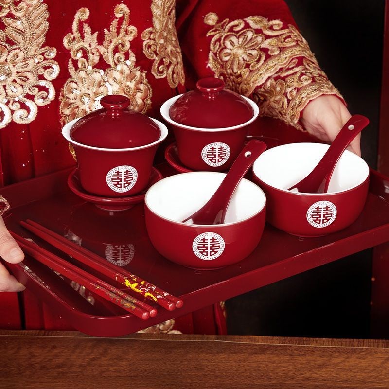 速发结婚碗筷套装陪嫁改口敬茶杯红色喜庆对碗喜碗敬酒婚礼用品大
