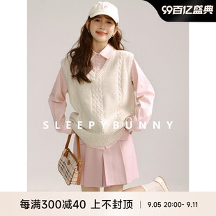 速发瞌睡马绵半织兔甲韩系学院风百搭粉色长袖针裙套装