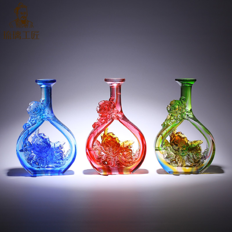 速发琉璃牡丹花朵瓶子摆件水晶工艺术品送给老师的生日礼物高档