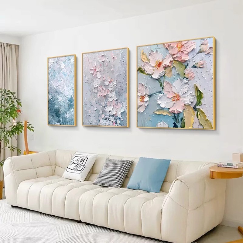 速发奶油风客厅装饰画肌理立体感抽象艺术花卉三联挂画沙发背景墙图片