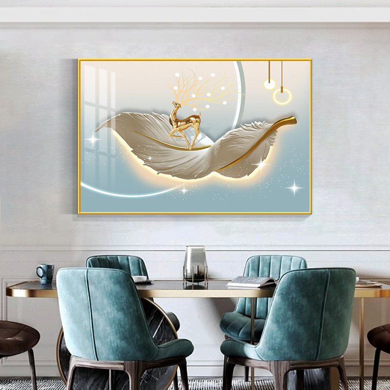 速发轻奢羽毛饭厅装饰画高级感大气饭厅挂画横版餐桌背景墙面壁画