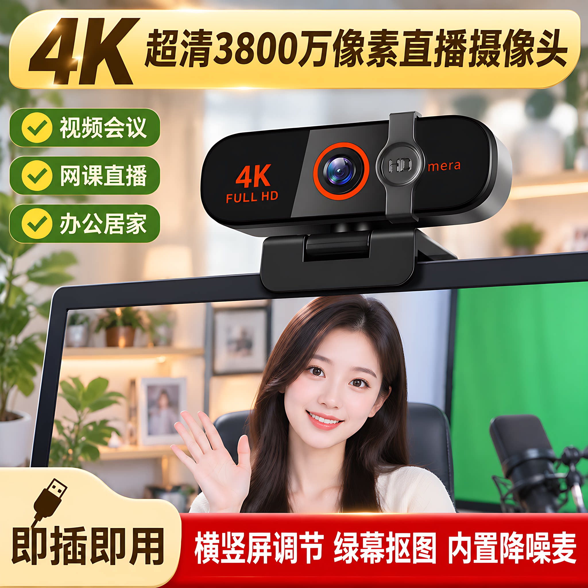 4k直播伴侣认证超高清美颜摄像头抠图网课家用电脑台式笔记本USB