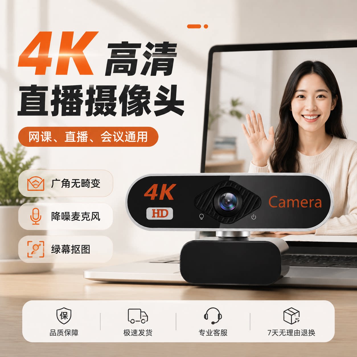 4K超高清美颜直播摄像头台式电脑笔记本USB麦克风上网课视频专用