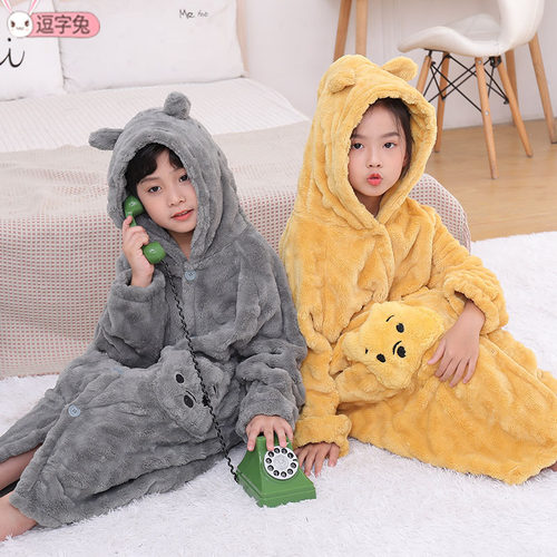 新款加厚儿童睡袍女大童s秋冬加长款男孩浴袍法兰绒睡衣连帽家居