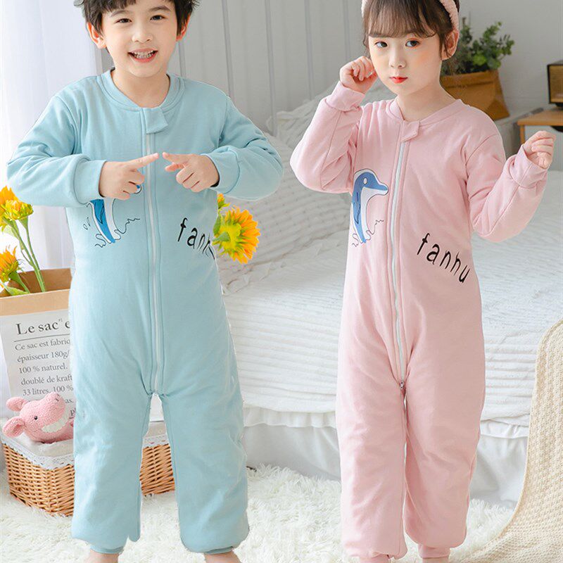儿童连体衣秋冬加厚款夹棉t睡袋纯棉男童大童防踢睡衣冬季保暖女