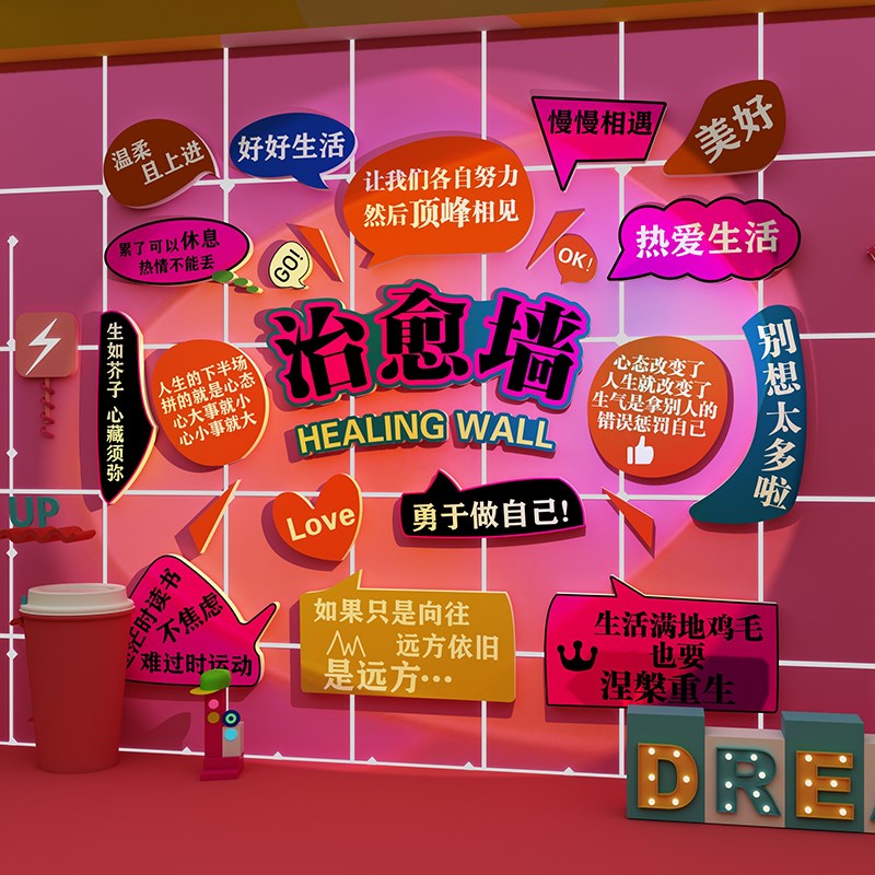 网红墙员工e休息区吧台茶水间布置墙贴治愈系氛围感许愿背景墙贴