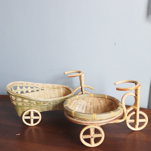 竹编手提篮双层竹篮子q家用酒店摆盘装饰簸箕三轮车花篮钥匙收纳