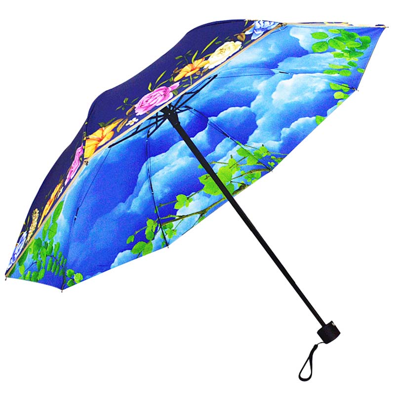 防紫外线黑胶遮阳伞n女防晒伞三折叠蓝天白云双层太阳伞文艺晴雨