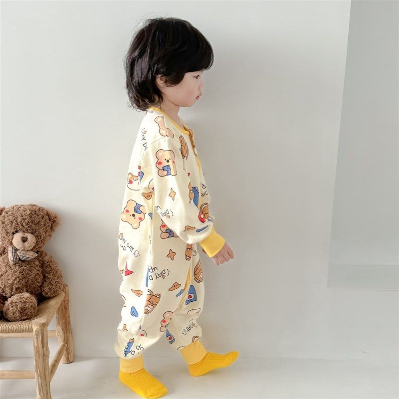 宝宝春季纯棉长袖睡袋儿r童卡通护肚防踢被男孩连体睡衣女童连身