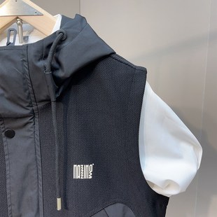 上衣外穿休闲背 重磅针织马甲拼接排扣A拉链防风连帽无袖 秋季 新款