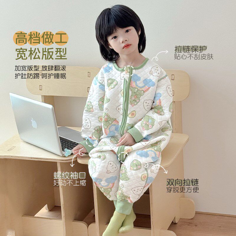 睡袋儿童秋冬款加厚男童夹棉w连体睡衣女宝宝薄棉婴儿防踢被子神