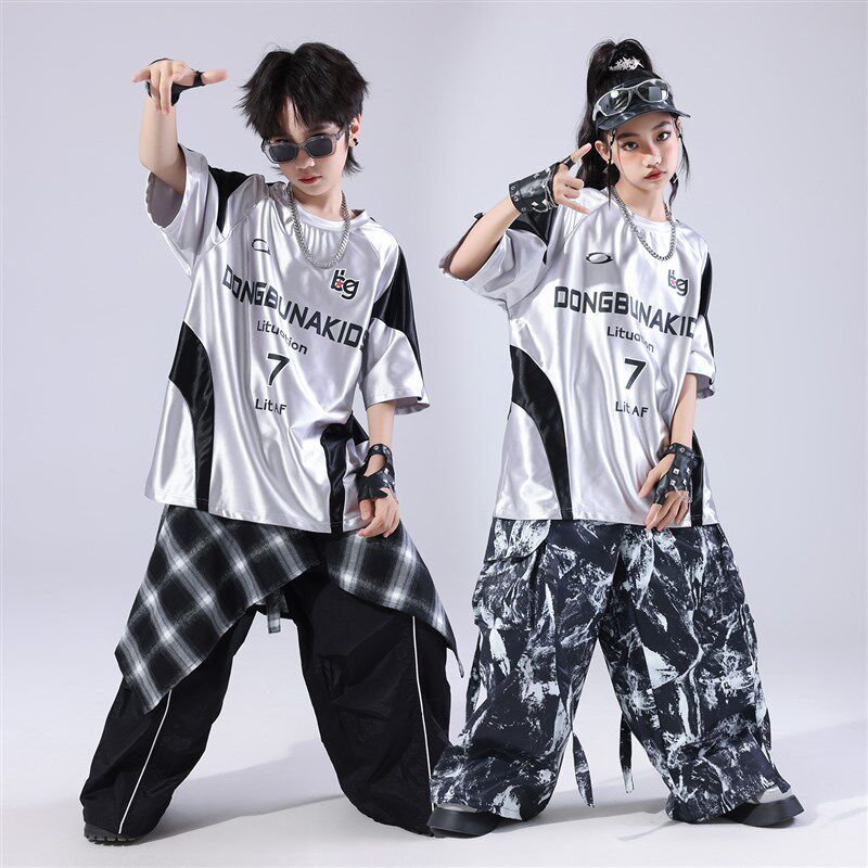街舞儿童潮服hiphop男童女童套装走秀潮装嘻哈银色架子.鼓表演服