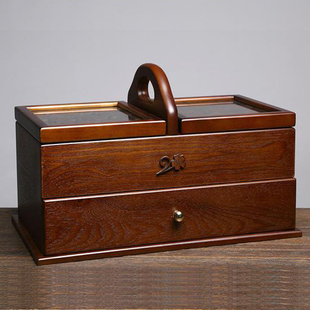 复古木质针线盒家用便携式针线收纳盒手工缝纫工具储物箱结婚礼物