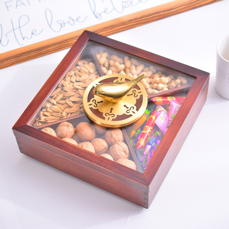 新中式客厅实木坚果盘带盖家用糖果水果茶几分格收纳盒瓜子干果盒