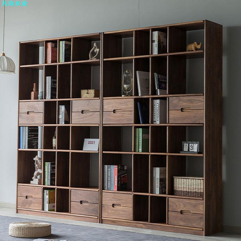 北美黑胡桃木书架现代简约实木日式置物架储物架樱桃木满墙书柜
