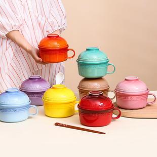 和风盖碗少女心泡面碗 渐变釉陶瓷手柄碗带盖配送勺筷子大号日式