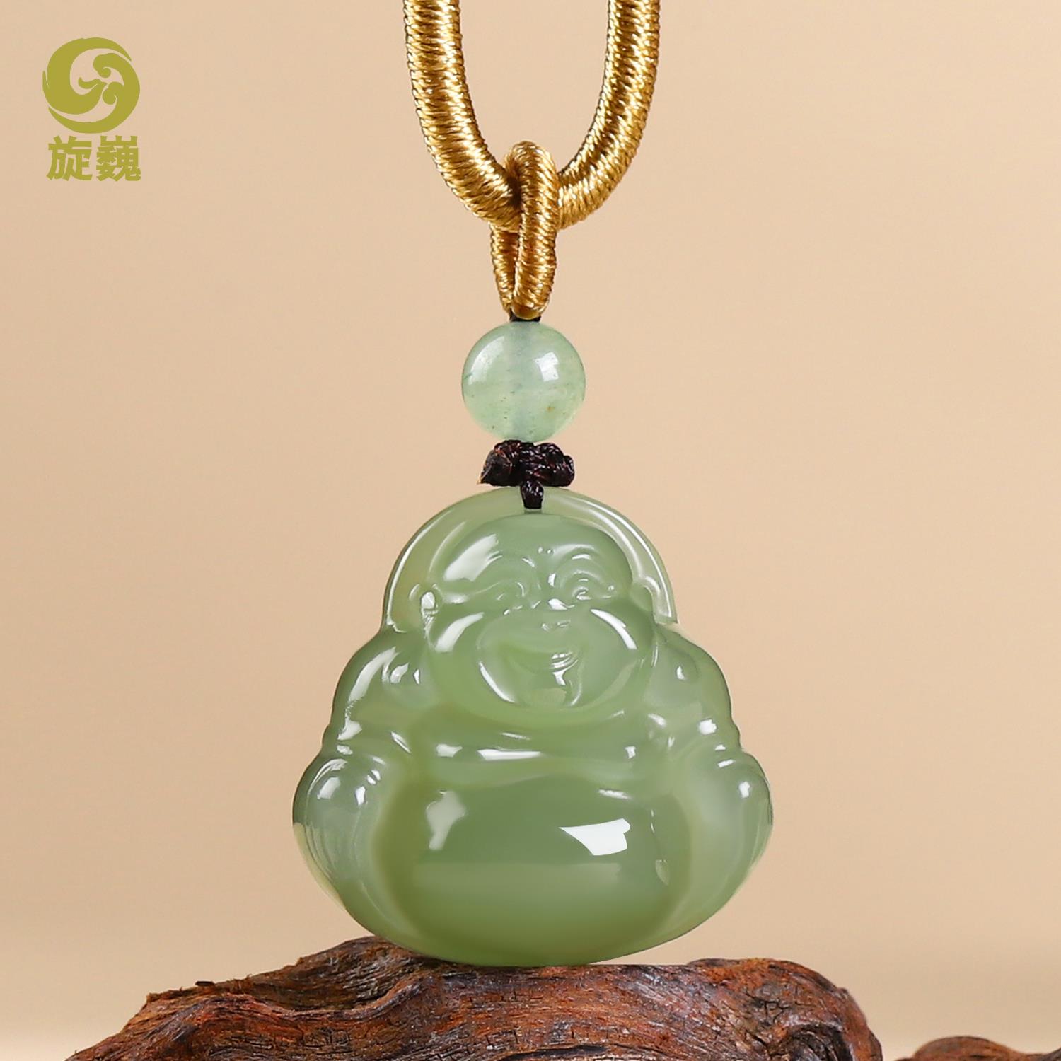 和田玉弥勒佛吊坠女大肚笑佛湖水绿玉石笑佛挂件玉器项炼玉佩玉坠
