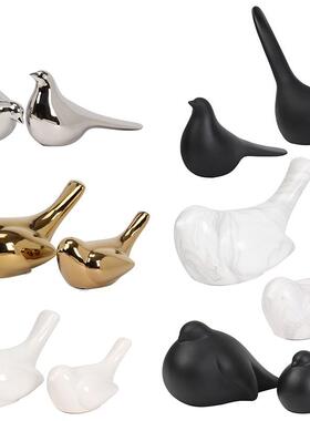 新中式现代黑色白色金色陶瓷小鸟动物摆件样板间书房博古架装饰品