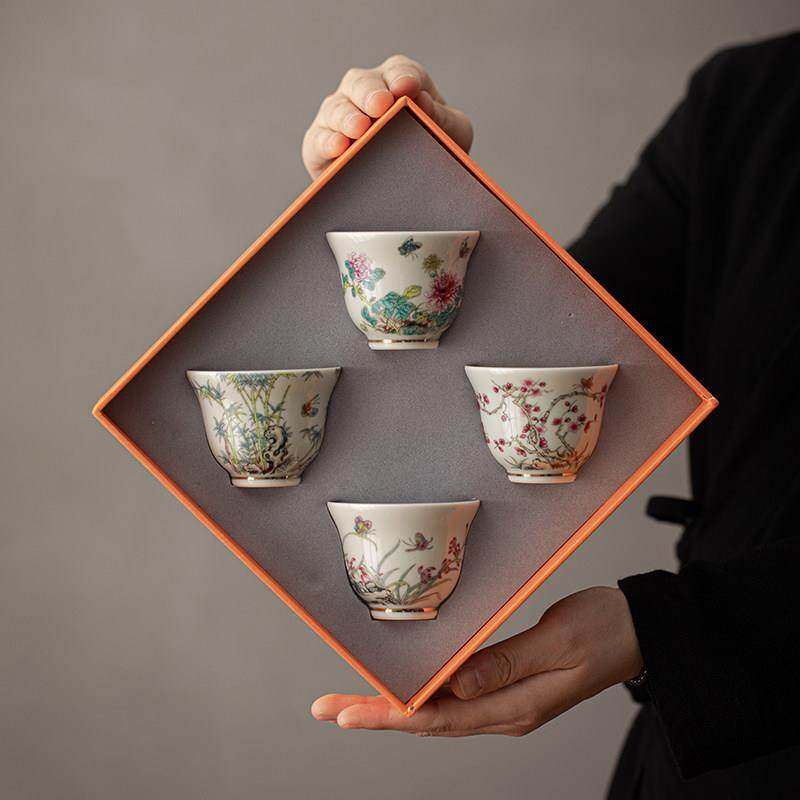 中式彷古青瓷梅兰竹菊功夫茶具主人杯茶杯套装送朋友企业公司礼品