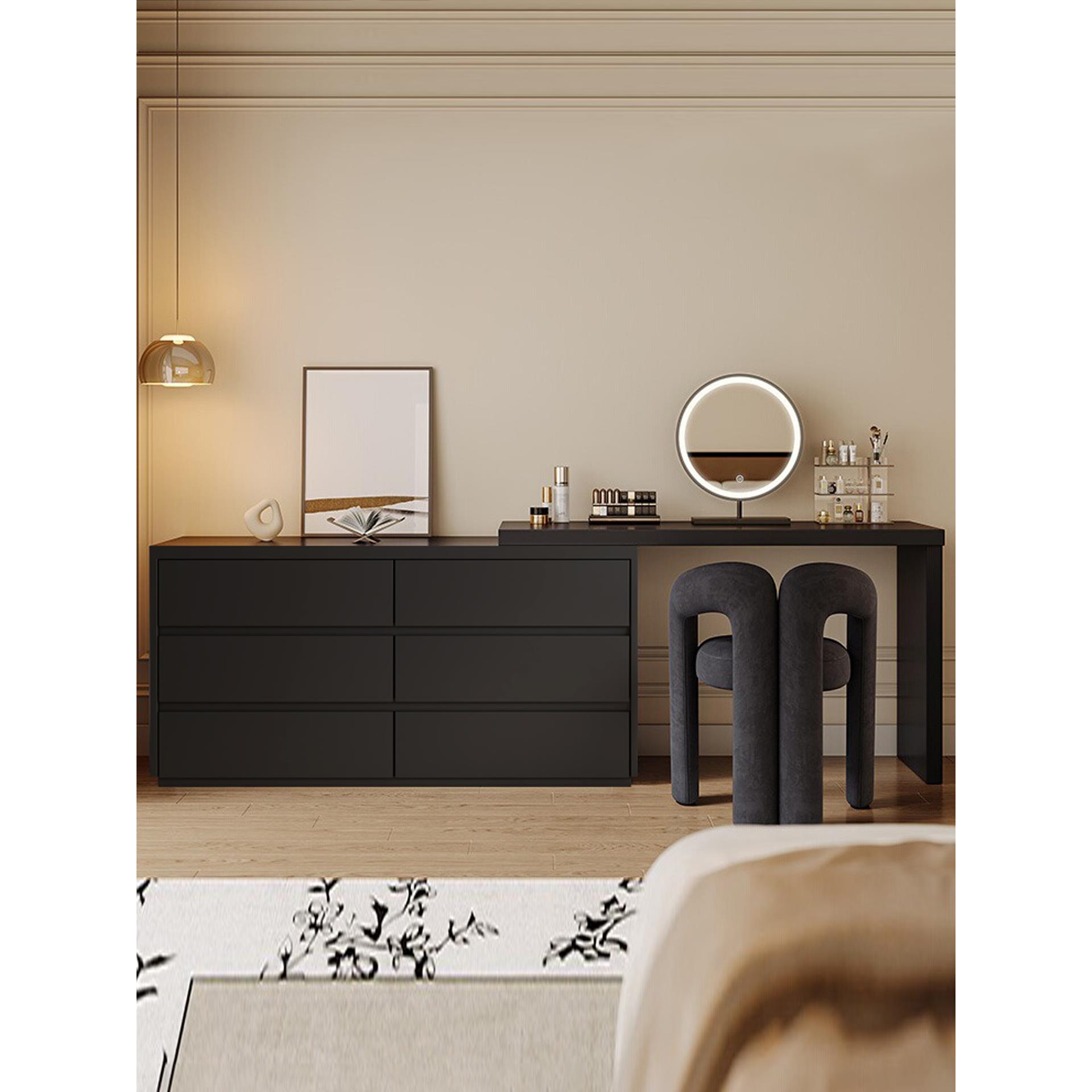 实木黑色梳妆台斗柜一体伸缩卧室床尾化妆桌简约现代高级感收纳柜