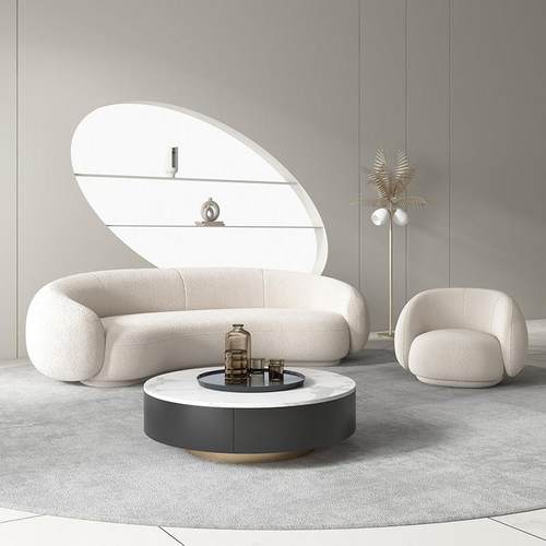 现代简约客厅小户型网红羊羔绒北欧茶几设计师弧形轻奢沙发椅组合