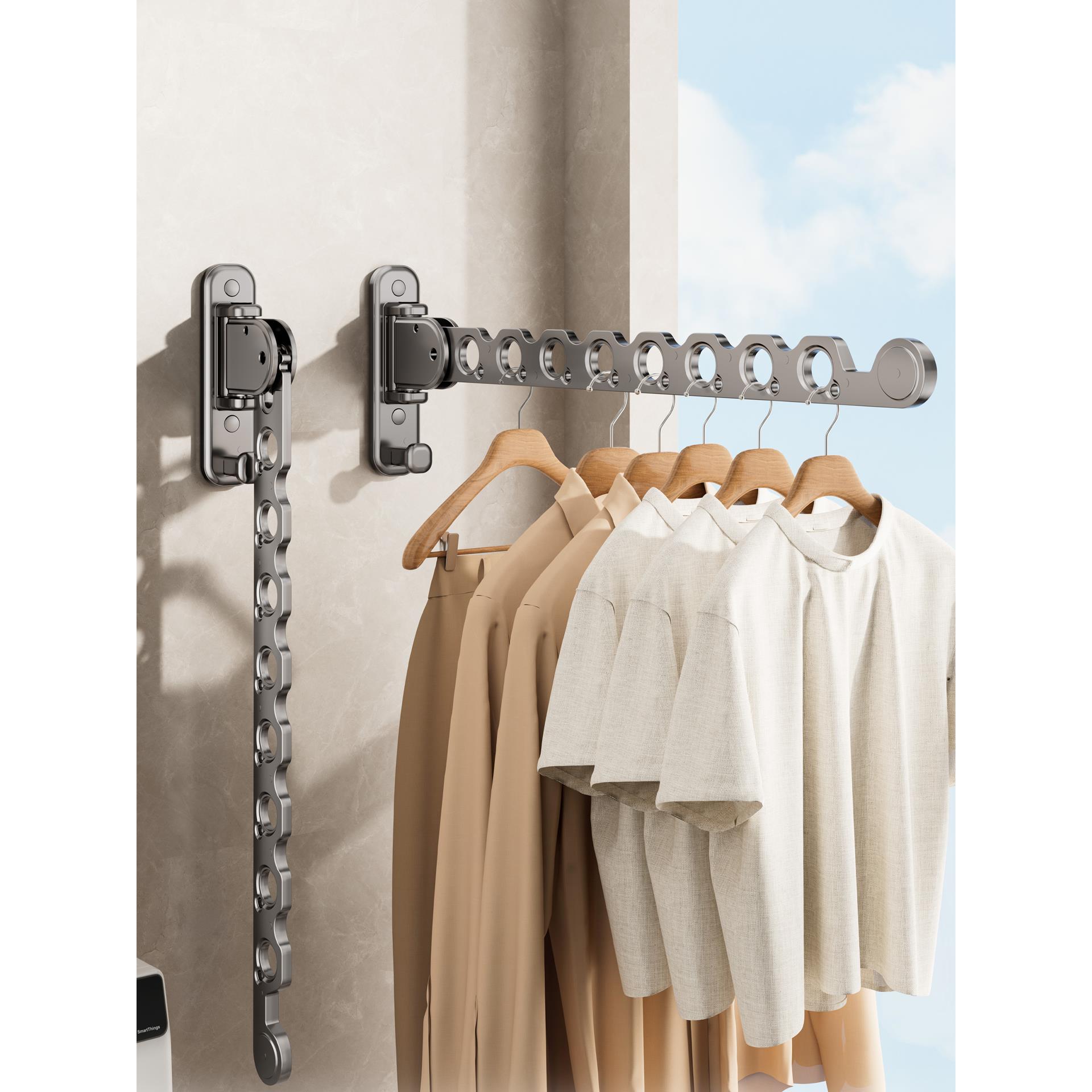 阳台折叠晾衣架室内家用多功能免打孔可防风晾衣神器墙上晒衣挂杆