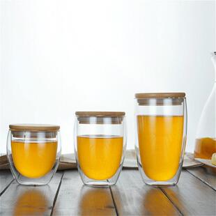 直销新款耐热玻璃双层杯 带盖隔热透明咖啡杯高硼硅玻璃马克杯手