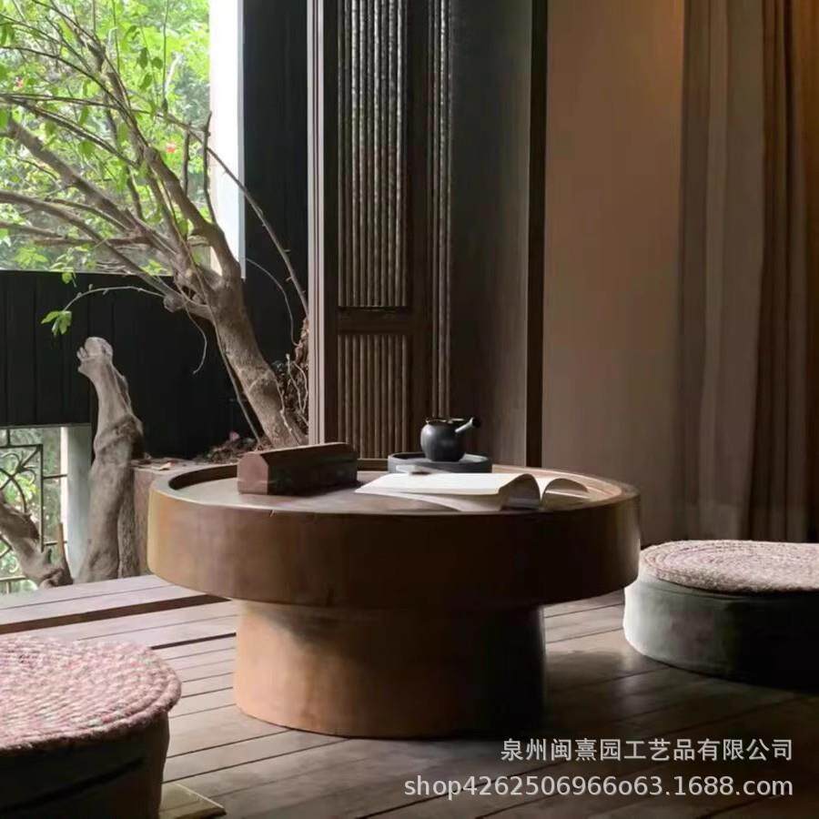 新款直销北欧黑色碳化实木木墩酒店民宿大厅摆件茶几侘寂风原木圆