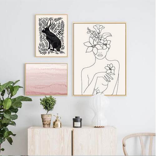 新款直销北欧客厅装饰画沙发背景墙现代简约粉色组合壁画ins风格