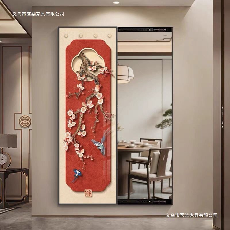 新中式暗藏式全身镜子画花鸟隐藏式推拉翻开关闭穿衣镜入户门挂画