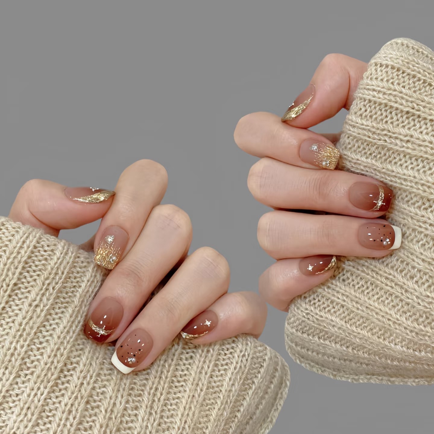 【云晚】秋冬琥珀金箔穿戴甲温柔显白魔镜粉高级指甲贴片手工定制