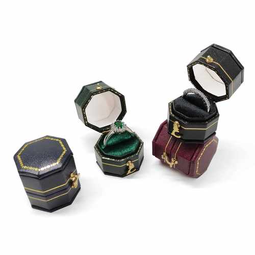 直销新款八角复古丝绒皮革戒指盒首饰珠宝戒指盒PU皮革首饰盒首饰