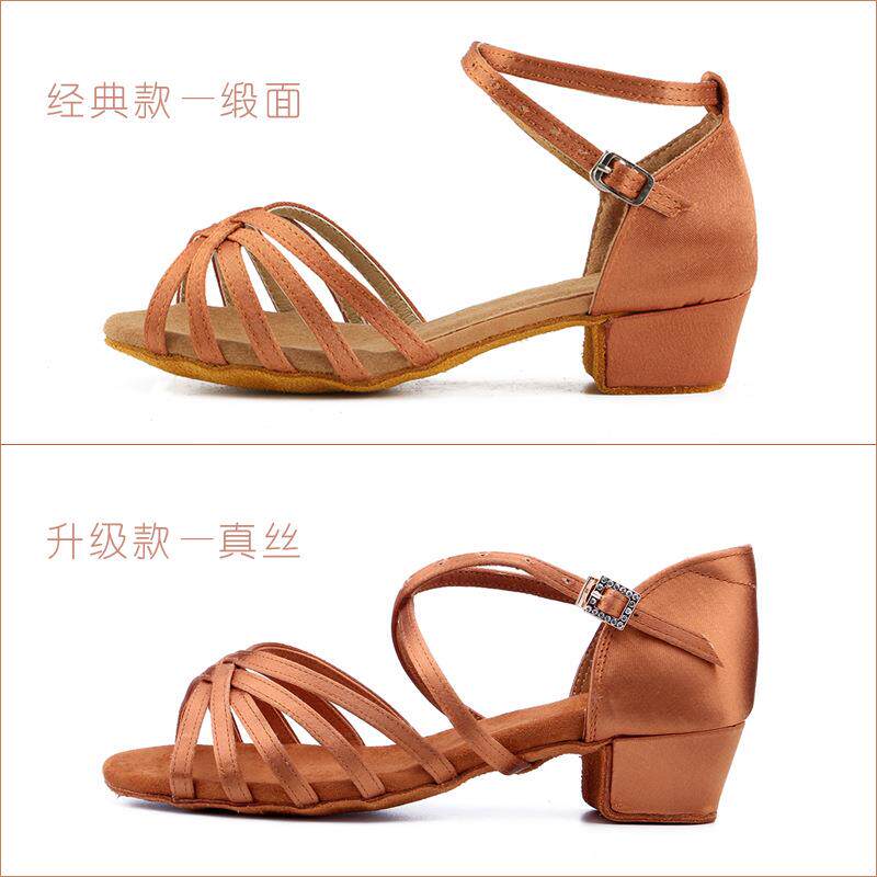 直销新款专业儿童拉丁舞鞋中跟软底女童练功鞋恰恰桑巴公主绸缎凉